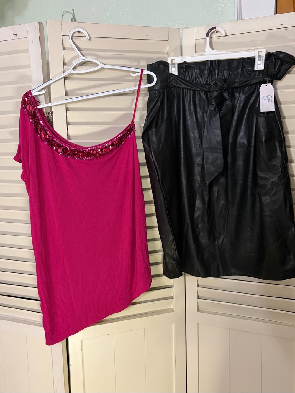 Two piece outfit including NWT Time & Tru Faux Leather Skirt and Lane Bryant top